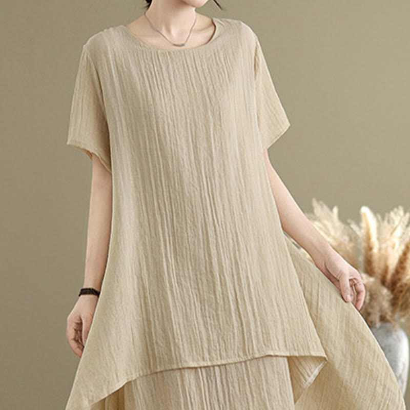 Buddha Stones Summer Casual Plain Design Crew Neck Short Sleeve Cotton Linen Blended Double Layer Midi Dress - image 3