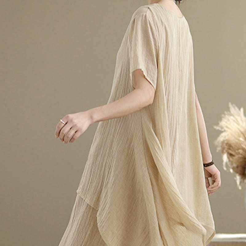 Buddha Stones Summer Casual Plain Design Crew Neck Short Sleeve Cotton Linen Blended Double Layer Midi Dress - image 4