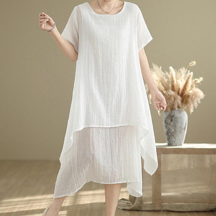 Buddha Stones Summer Casual Plain Design Crew Neck Short Sleeve Cotton Linen Blended Double Layer Midi Dress - image 13