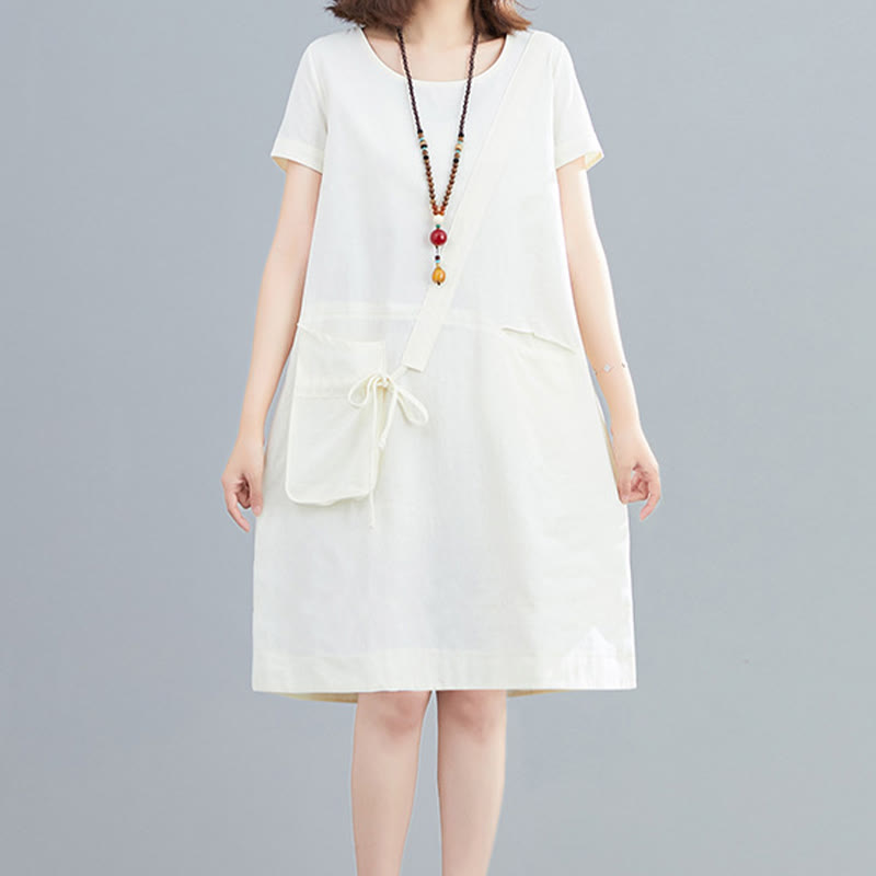 Buddha Stones Summer Casual Plain Lace-Up Design Crew Neck Short Sleeve Cotton Linen Midi Dress With Pockets - image 2