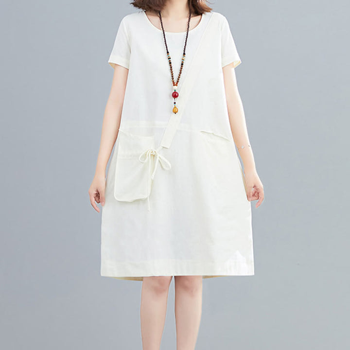 Buddha Stones Summer Casual Plain Lace-Up Design Crew Neck Short Sleeve Cotton Linen Midi Dress With Pockets - image 2