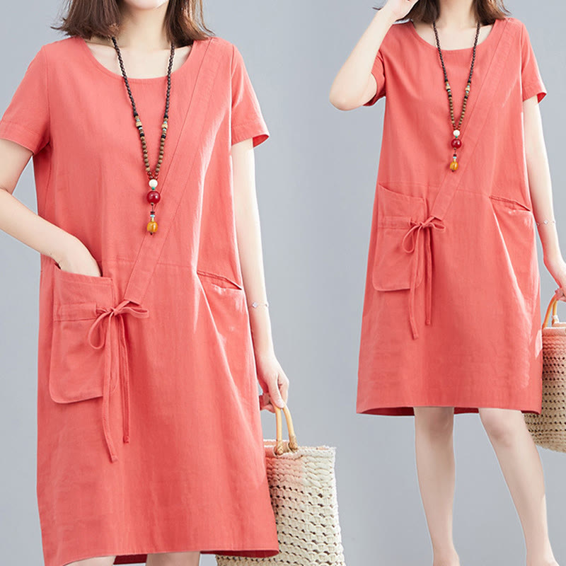 Buddha Stones Summer Casual Plain Lace-Up Design Crew Neck Short Sleeve Cotton Linen Midi Dress With Pockets - image 10