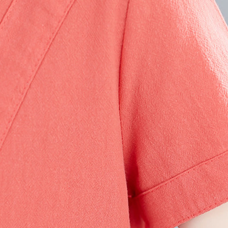 Buddha Stones Summer Casual Plain Lace-Up Design Crew Neck Short Sleeve Cotton Linen Midi Dress With Pockets - image 15