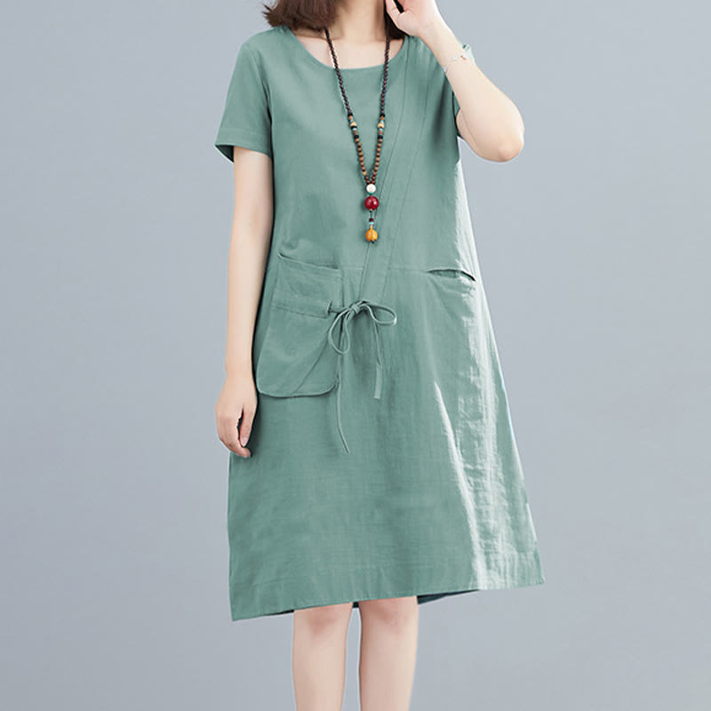Buddha Stones Summer Casual Plain Lace-Up Design Crew Neck Short Sleeve Cotton Linen Midi Dress With Pockets - MediumAquamarine - US8-10，UK/AU12-14，EU40-42 (2XL) - image 16