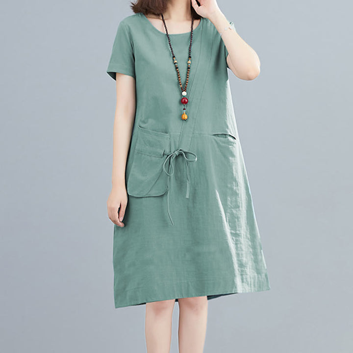 Buddha Stones Summer Casual Plain Lace-Up Design Crew Neck Short Sleeve Cotton Linen Midi Dress With Pockets - MediumAquamarine - US8-10，UK/AU12-14，EU40-42 (2XL) - image 16