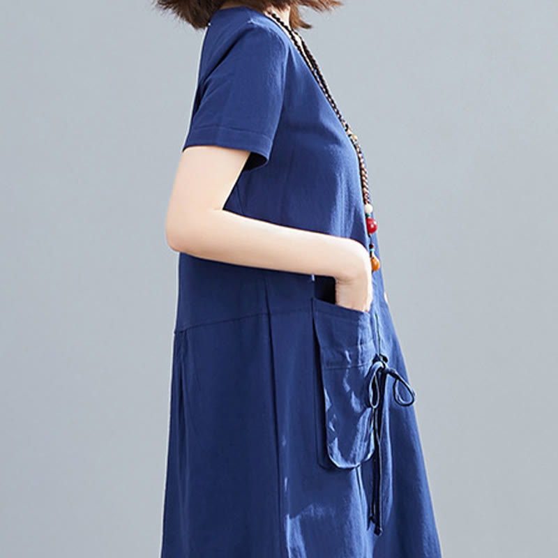 Buddha Stones Summer Casual Plain Lace-Up Design Crew Neck Short Sleeve Cotton Linen Midi Dress With Pockets - image 23