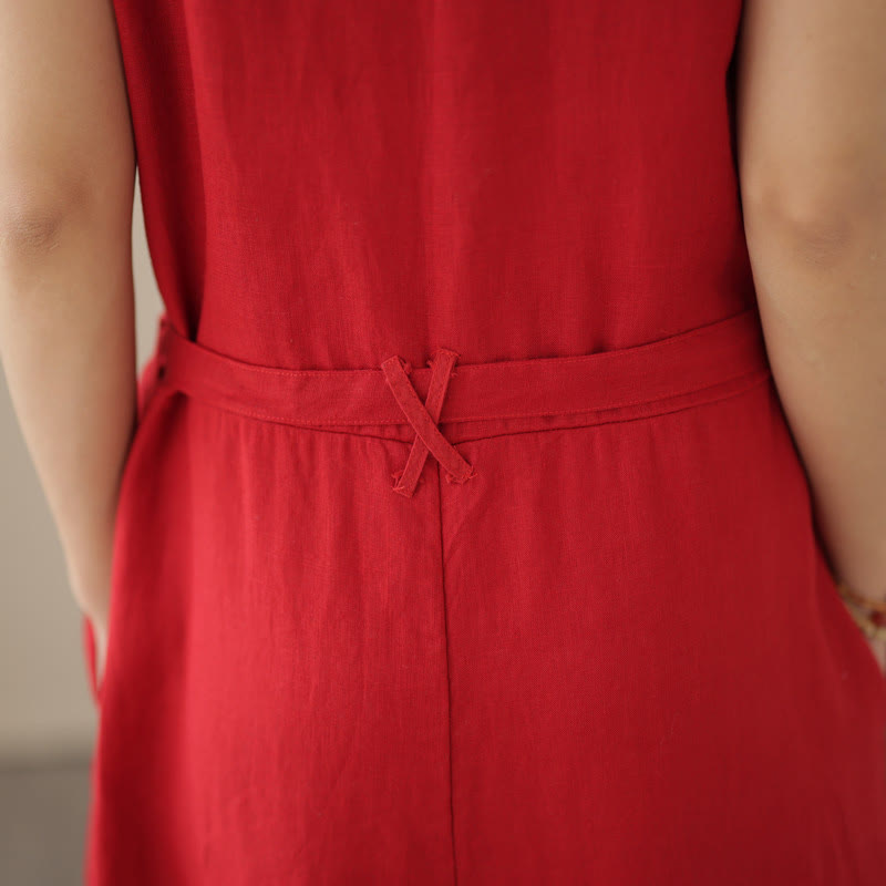 Buddha Stones Casual Lace-Up Simple Sleeveless Design Women's Cotton Linen Jumpsuit With Pockets - image 14