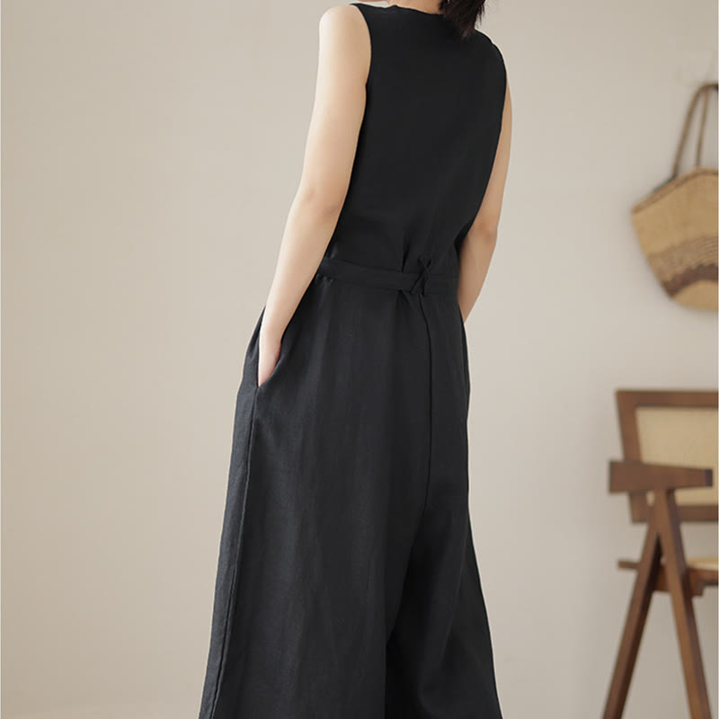 Buddha Stones Casual Lace-Up Simple Sleeveless Design Women's Cotton Linen Jumpsuit With Pockets - image 20