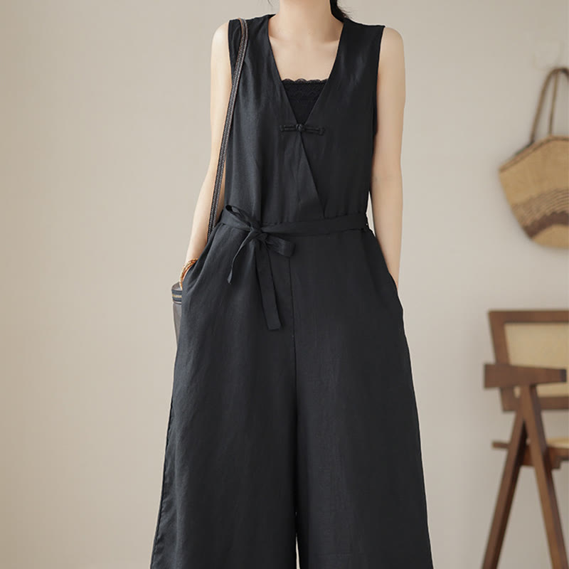 Buddha Stones Casual Lace-Up Simple Sleeveless Design Women's Cotton Linen Jumpsuit With Pockets - image 21