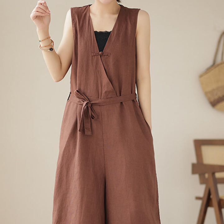 Buddha Stones Casual Lace-Up Simple Sleeveless Design Women's Cotton Linen Jumpsuit With Pockets - image 2