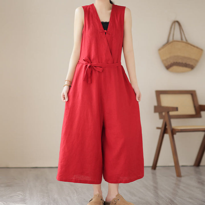 Buddha Stones Casual Lace-Up Simple Sleeveless Design Women's Cotton Linen Jumpsuit With Pockets - Red - US14，UK/AU18，EU46 (2XL) - image 6