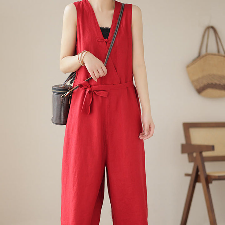 Buddha Stones Casual Lace-Up Simple Sleeveless Design Women's Cotton Linen Jumpsuit With Pockets - image 11