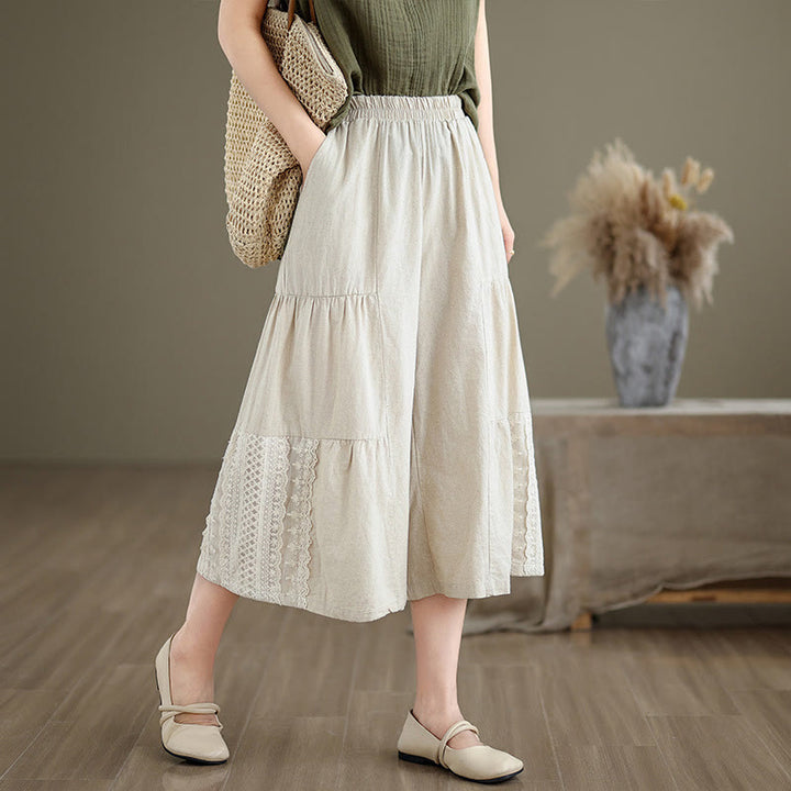 Buddha Stones Casual Plain Lace Splicing Cotton Linen Women's Cropped Wide Leg Pants With Pockets - Beige - US8-10，UK/AU12-14，EU40-42 (2XL) - image 0