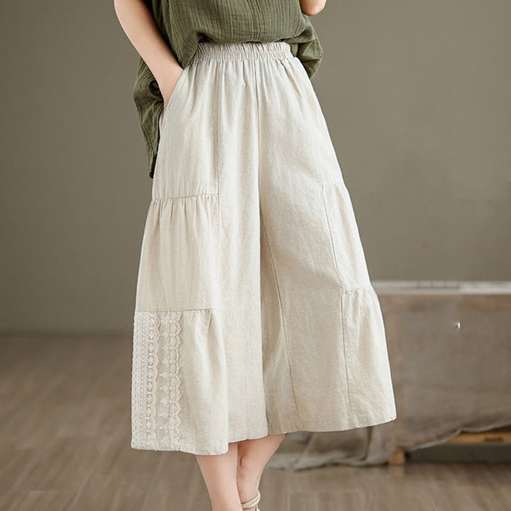 Buddha Stones Casual Plain Lace Splicing Cotton Women's Cropped Wide Leg Pants With Pockets - image 5