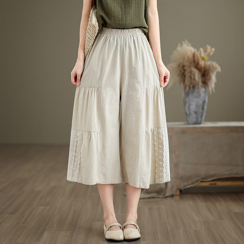 Buddha Stones Casual Plain Lace Splicing Cotton Women's Cropped Wide Leg Pants With Pockets - image 3