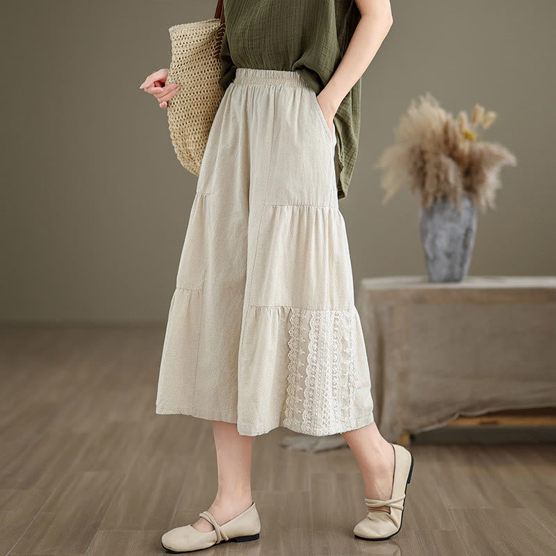 Buddha Stones Casual Plain Lace Splicing Cotton Women's Cropped Wide Leg Pants With Pockets - image 2