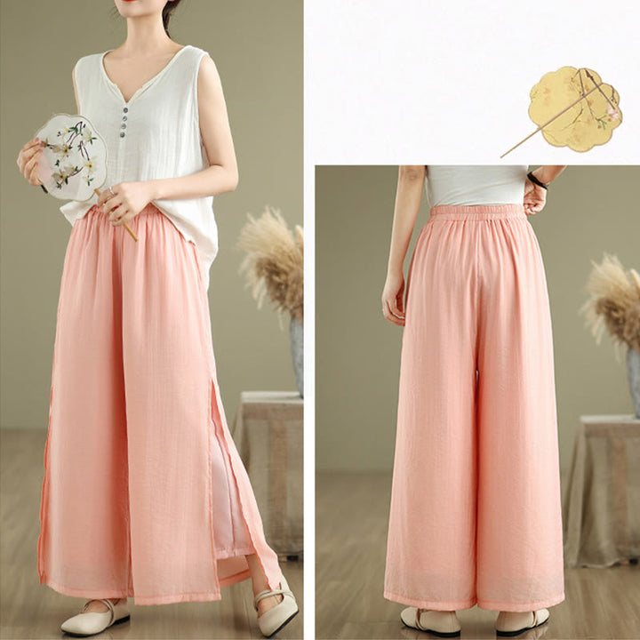 Buddha Stones Casual Vintage Side Slit Hem Design Cotton Linen Women's Wide Leg Pants With Pockets