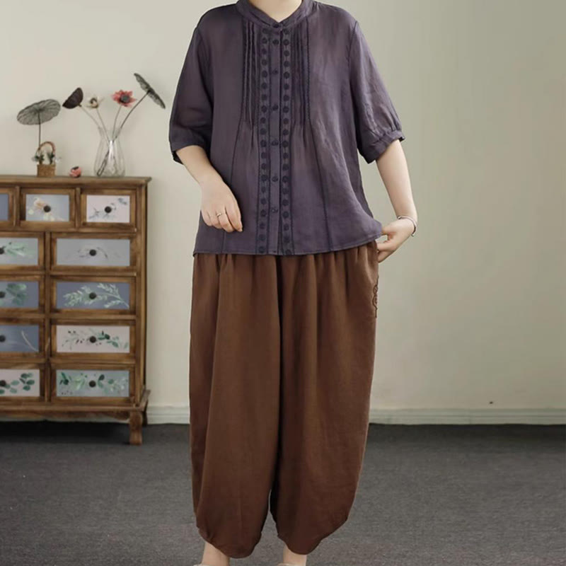 Buddha Stones Vintage Solid Color Embroidery Cotton Linen Women's 7-8 Length Harem Pants With Pockets - image 17