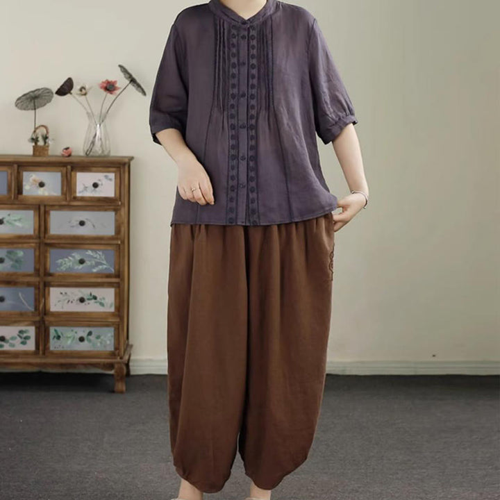 Buddha Stones Vintage Solid Color Embroidery Cotton Linen Women's 7-8 Length Harem Pants With Pockets - image 17
