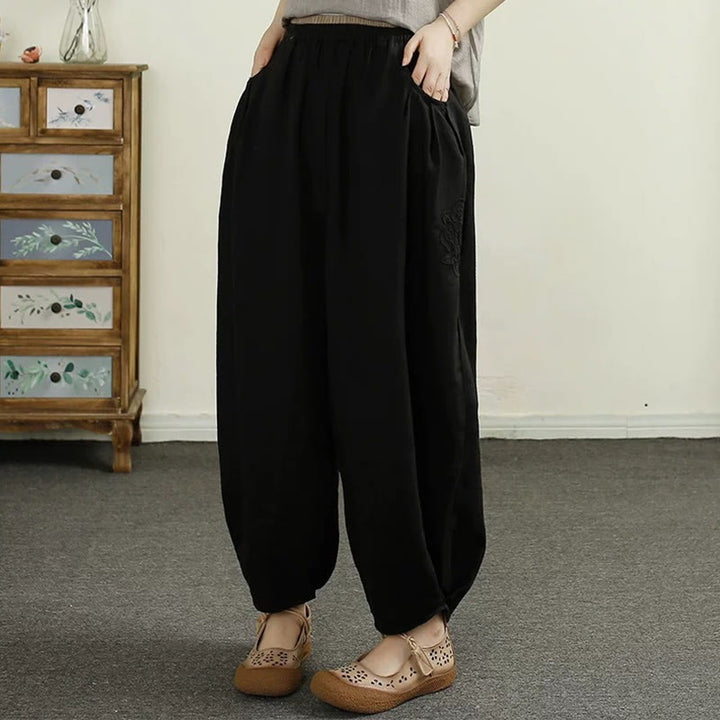Buddha Stones Vintage Solid Color Embroidery Cotton Linen Women's 7-8 Length Harem Pants With Pockets - Black - US8-10，UK/AU12-14，EU40-42 (2XL) - image 10