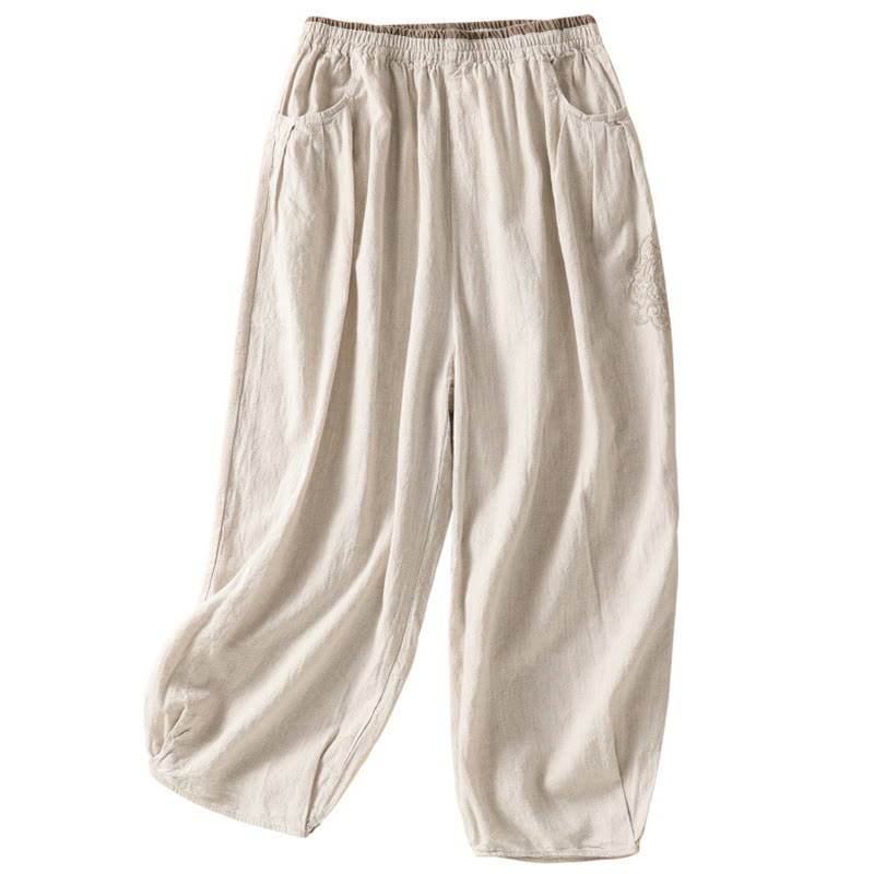 Buddha Stones Vintage Solid Color Embroidery Cotton Linen Women's 7-8 Length Harem Pants With Pockets - image 9