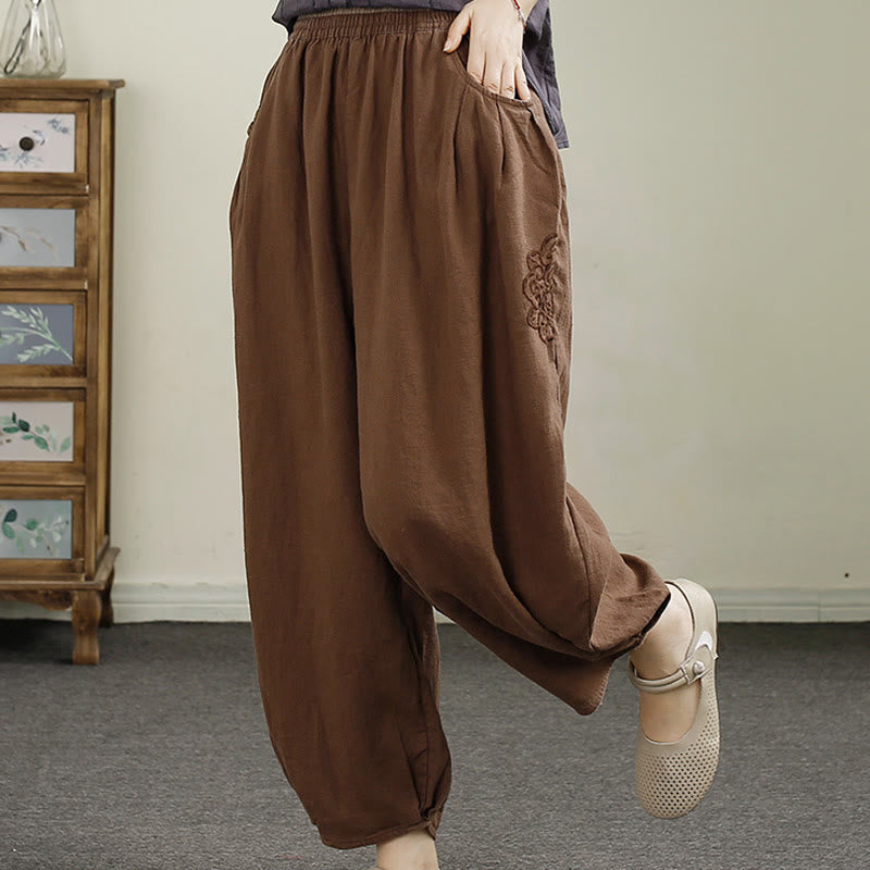 Buddha Stones Vintage Solid Color Embroidery Cotton Linen Women's 7-8 Length Harem Pants With Pockets - image 15