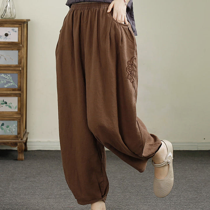 Buddha Stones Vintage Solid Color Embroidery Cotton Linen Women's 7-8 Length Harem Pants With Pockets - image 15