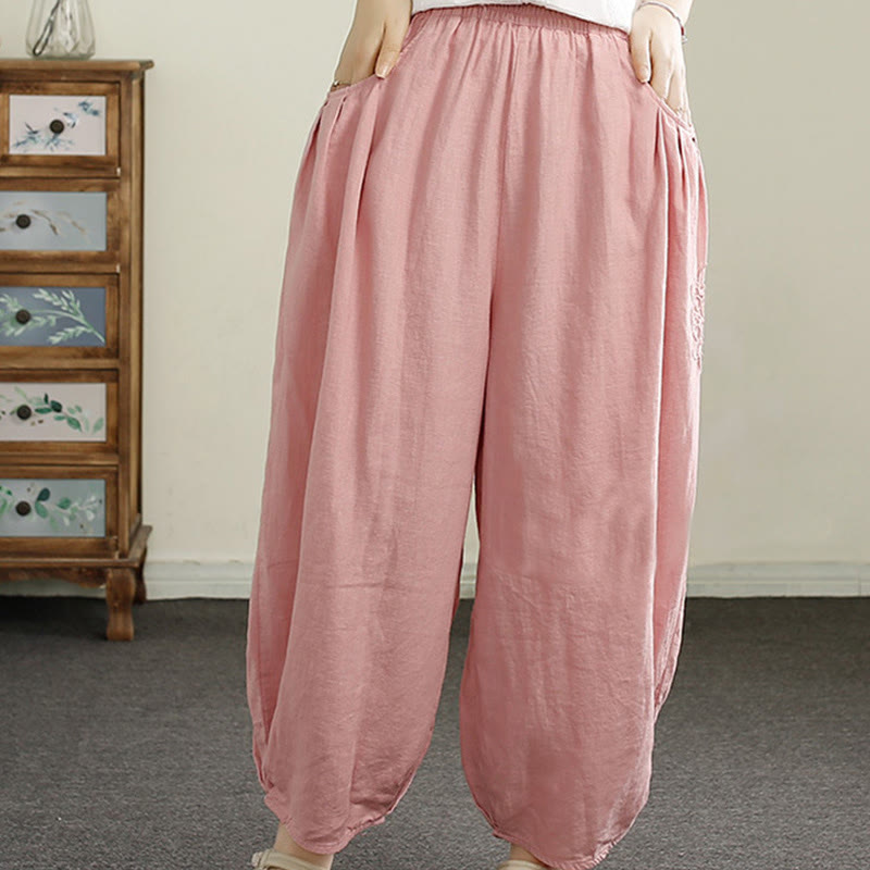 Buddha Stones Vintage Solid Color Embroidery Cotton Linen Women's 7-8 Length Harem Pants With Pockets - image 19