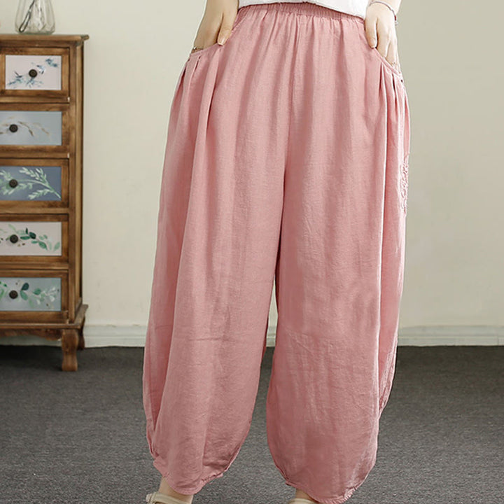Buddha Stones Vintage Solid Color Embroidery Cotton Linen Women's 7-8 Length Harem Pants With Pockets - image 19