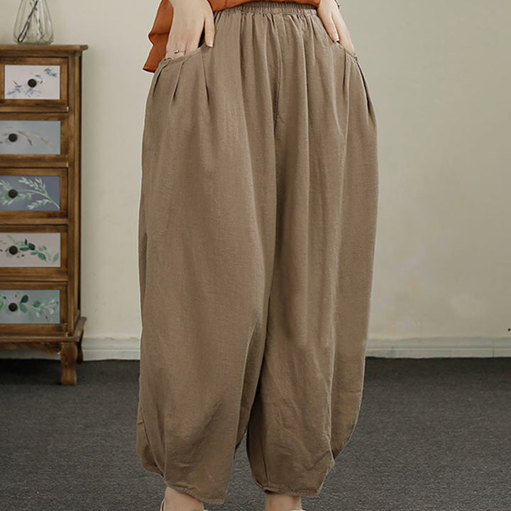Buddha Stones Vintage Solid Color Embroidery Cotton Linen Women's 7-8 Length Harem Pants With Pockets - image 13