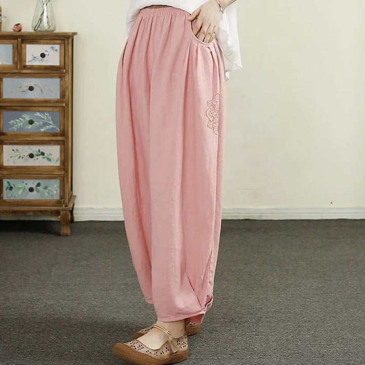 Buddha Stones Vintage Solid Color Embroidery Cotton Linen Women's 7-8 Length Harem Pants With Pockets - LightPink - US8-10，UK/AU12-14，EU40-42 (2XL) - image 18