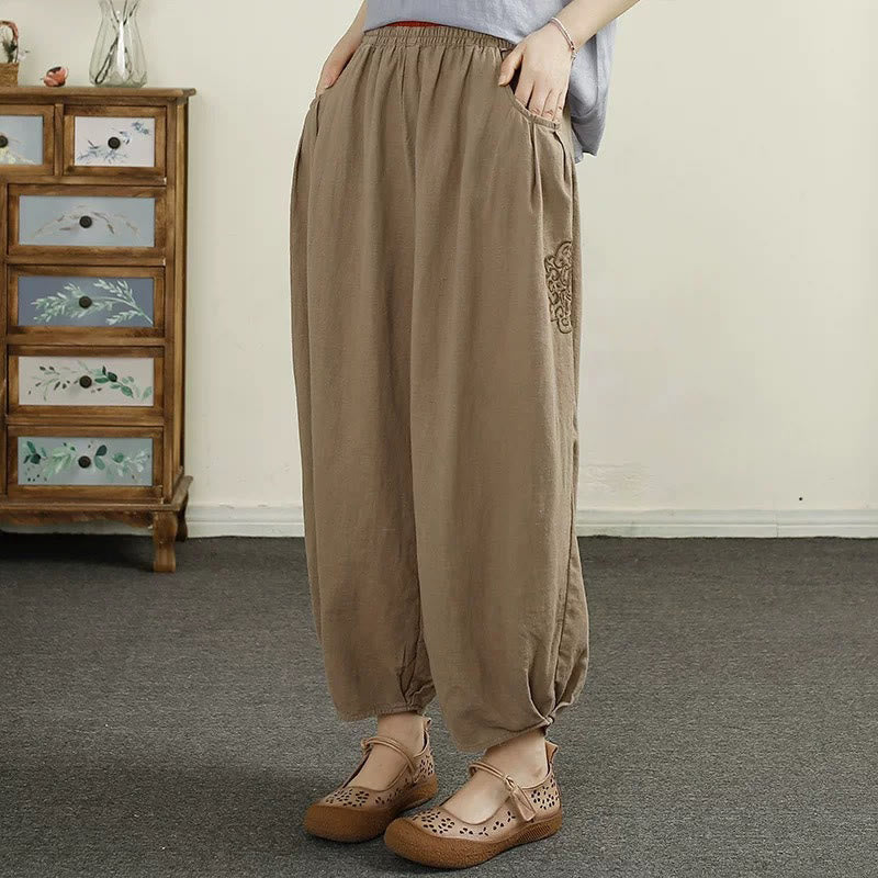 Buddha Stones Vintage Solid Color Embroidery Cotton Linen Women's 7-8 Length Harem Pants With Pockets - Tan - US8-10，UK/AU12-14，EU40-42 (2XL) - image 12