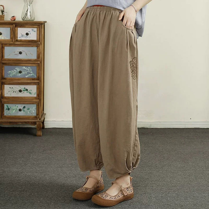 Buddha Stones Vintage Solid Color Embroidery Cotton Linen Women's 7-8 Length Harem Pants With Pockets - Tan - US8-10，UK/AU12-14，EU40-42 (2XL) - image 12