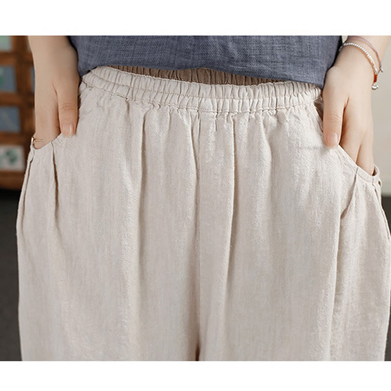 Buddha Stones Vintage Solid Color Embroidery Cotton Linen Women's 7-8 Length Harem Pants With Pockets - image 6