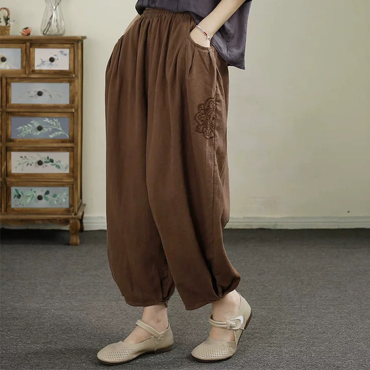 Buddha Stones Vintage Solid Color Embroidery Cotton Linen Women's 7-8 Length Harem Pants With Pockets - Sienna - US8-10，UK/AU12-14，EU40-42 (2XL) - image 14