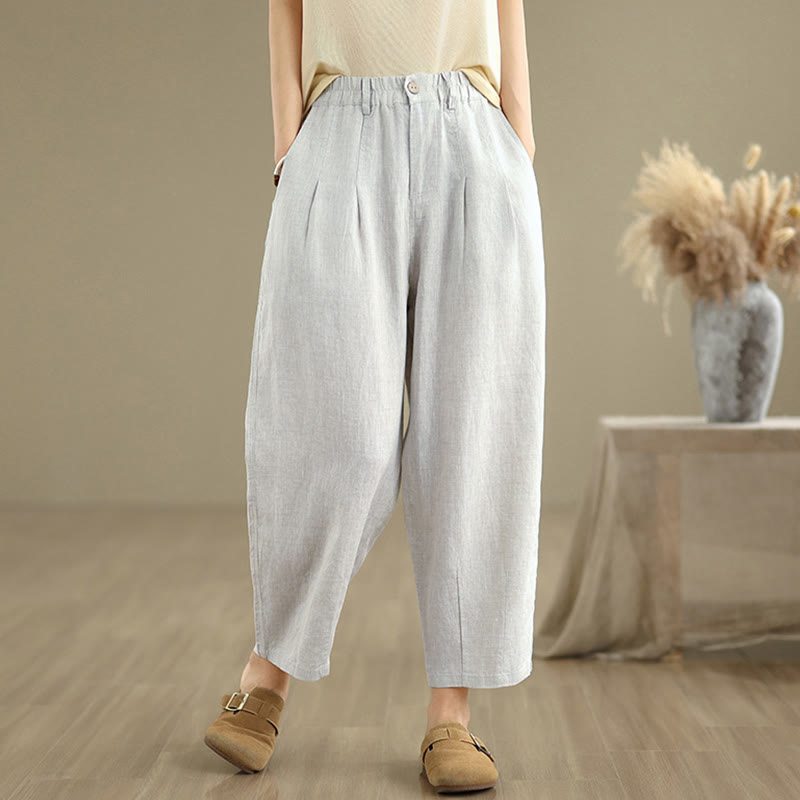 Buddha Stones Casual Summer Solid Color High Waist Women's Cotton Linen Harem Pants With Pockets - Gainsboro - US8-10，UK/AU12-14，EU40-42 (2XL) - image 0