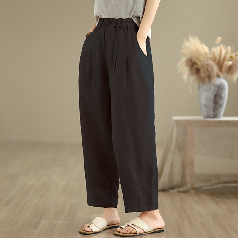 Buddha Stones Casual Summer Solid Color High Waist Women's Cotton Linen Harem Pants With Pockets