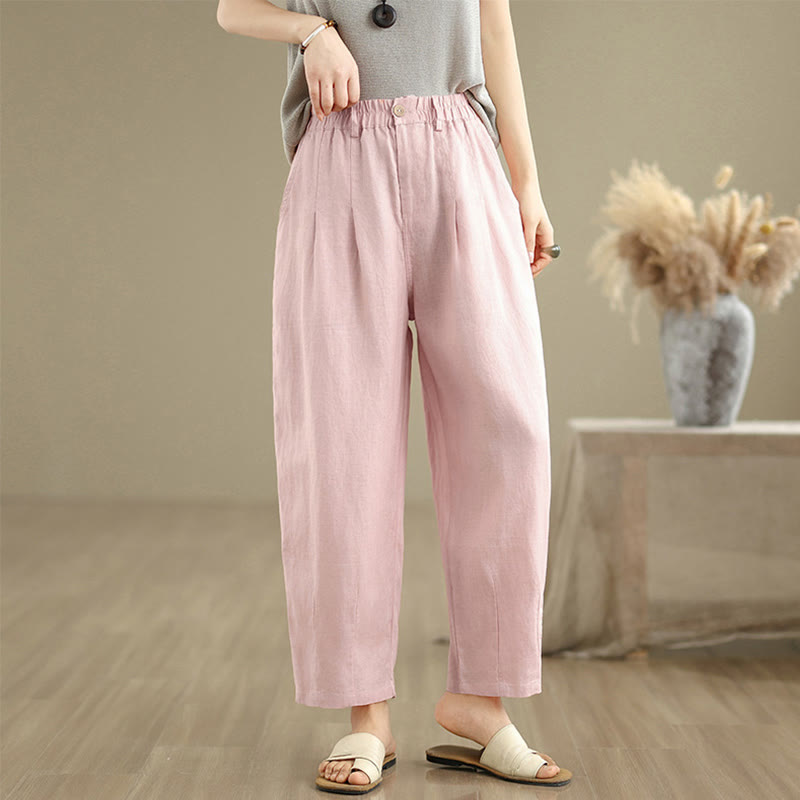 Buddha Stones Casual Summer Solid Color High Waist Women's Cotton Linen Harem Pants With Pockets - LightPink - US8-10，UK/AU12-14，EU40-42 (2XL) - image 12