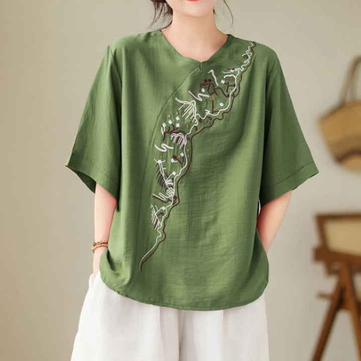 Buddha Stones Ethnic Casual Embroidered Geometry Pattern Women's Crew Neck Design Half Sleeve T-Shirt - ForestGreen - US14，UK/AU18，EU46 (4XL) - image 0