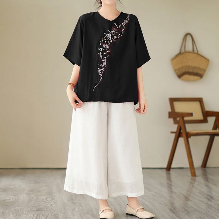 Buddha Stones Ethnic Casual Embroidered Geometry Pattern Women's Crew Neck Design Half Sleeve T-Shirt - image 9