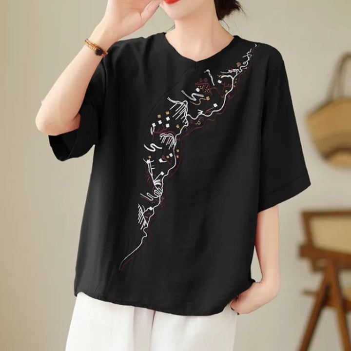 Buddha Stones Ethnic Casual Embroidered Geometry Pattern Women's Crew Neck Design Half Sleeve T-Shirt - Black - US14，UK/AU18，EU46 (4XL) - image 8