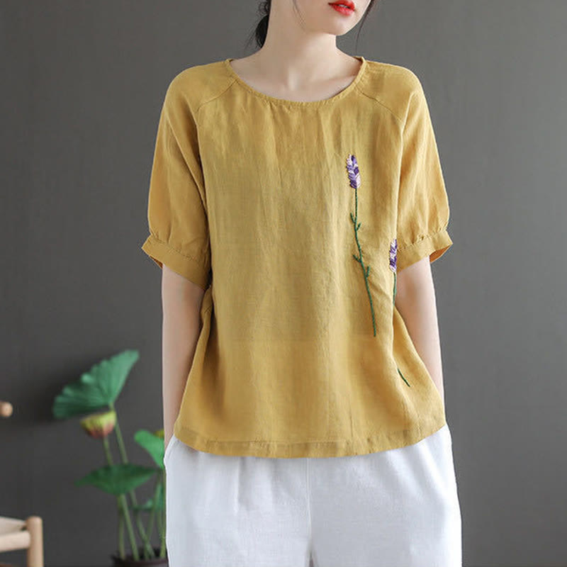 Buddha Stones Summer Vintage Embroidered Flower Pattern Women's Crew Neck Design Cotton Linen T-Shirt - image 8