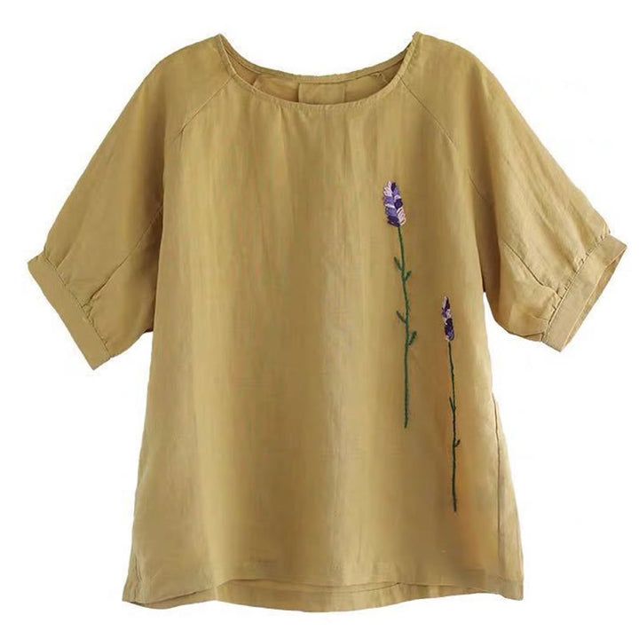 Buddha Stones Summer Vintage Embroidered Flower Pattern Women's Crew Neck Design Cotton Linen T-Shirt - image 12