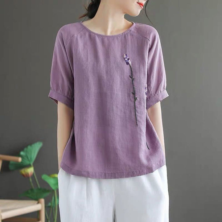 Buddha Stones Summer Vintage Embroidered Flower Pattern Women's Crew Neck Design Cotton Linen T-Shirt - image 2