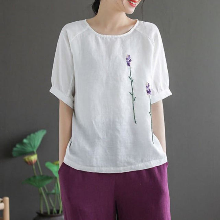 Buddha Stones Summer Vintage Embroidered Flower Pattern Women's Crew Neck Design Cotton Linen T-Shirt - image 15