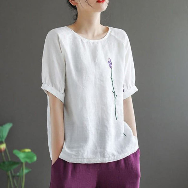 Buddha Stones Summer Vintage Embroidered Flower Pattern Women's Crew Neck Design Cotton Linen T-Shirt - image 14