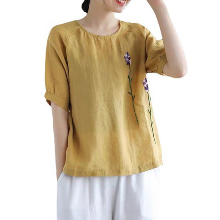 Buddha Stones Summer Vintage Embroidered Flower Pattern Women's Crew Neck Design Cotton Linen T-Shirt - image 11