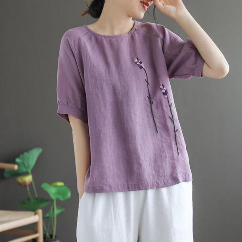 Buddha Stones Summer Vintage Embroidered Flower Pattern Women's Crew Neck Design Cotton Linen T-Shirt - image 4