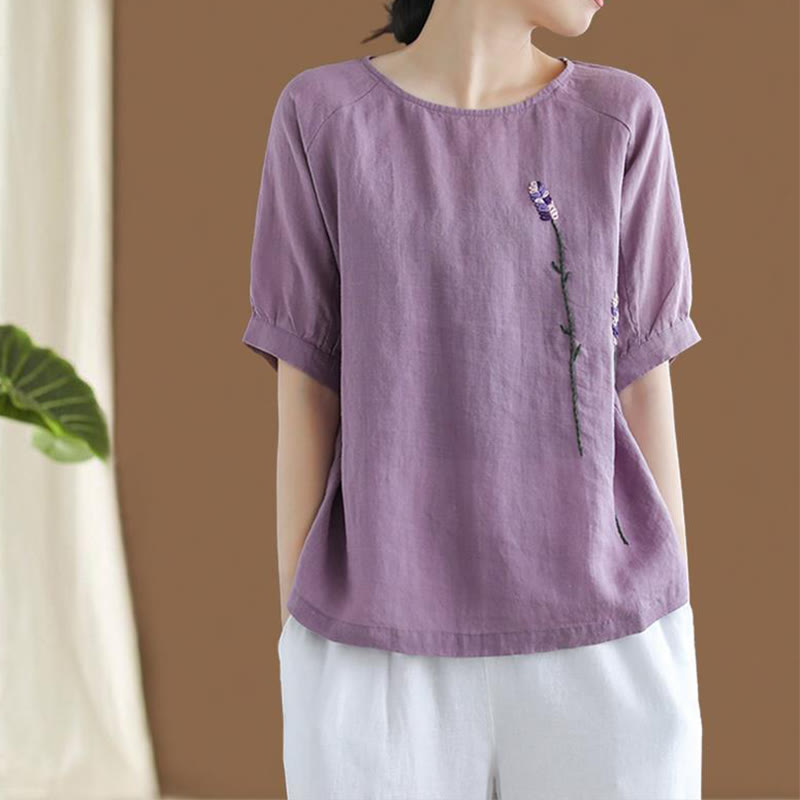 Buddha Stones Summer Vintage Embroidered Flower Pattern Women's Crew Neck Design Cotton Linen T-Shirt - MediumOrchid - US8-10，UK/AU12-14，EU40-42 (2XL) - image 0