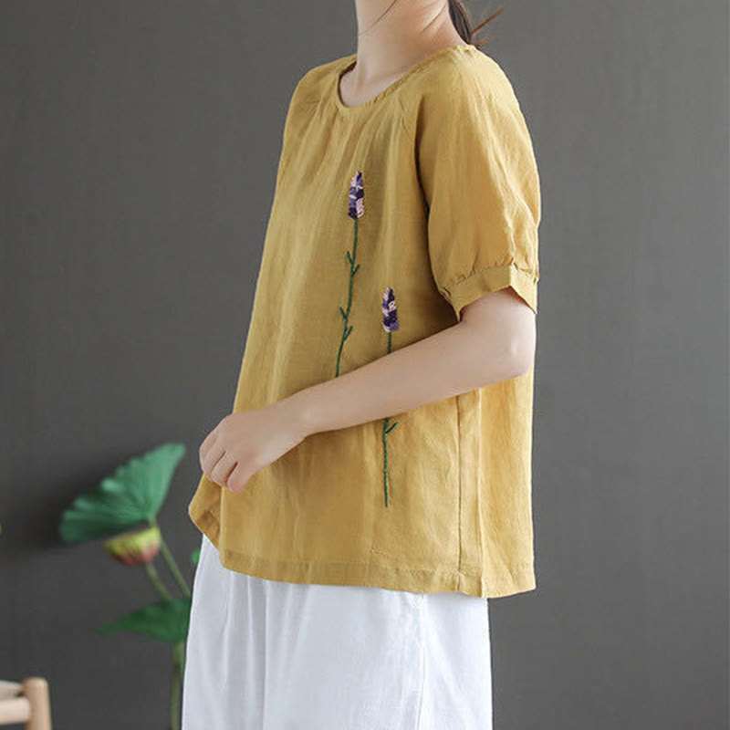 Buddha Stones Summer Vintage Embroidered Flower Pattern Women's Crew Neck Design Cotton Linen T-Shirt - image 9